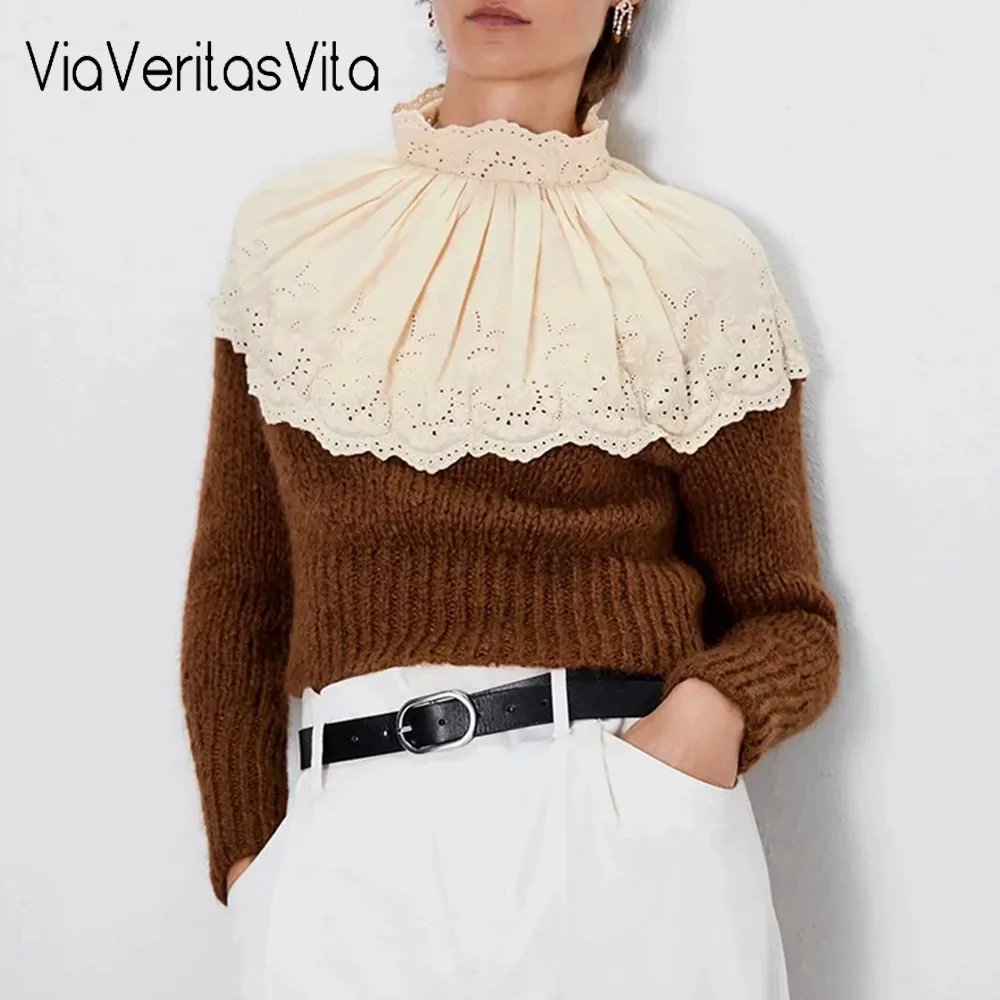 Fashion new Womens patchwork Sweaters turtleneck lace Pullovers Winter Autumn chic Jumpers zora vicky slim za Tops 2019 | Женская одежда