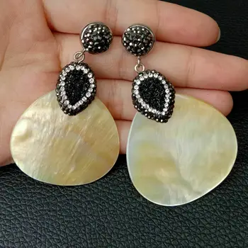 

40x47MM Yellow Mother Of Pearl Shell Black Quartz Druzy Dangle Stud Earrings
