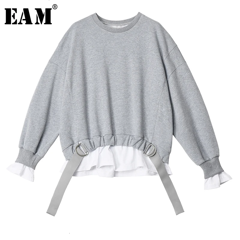 

[EAM] Loose Fit Gray Split Oversized Sweatshirt New Round Neck Long Sleeve Women Big Size Fashion Tide Autumn Winter 2019 1D596