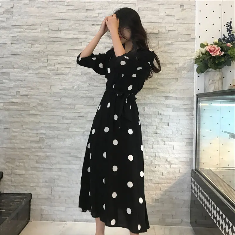Very Cheap mxyZq NEW Korean Vintage Summer Dress Women Polka Dot V Neck Bandage Office Party Dresses Casual Sexy Black Beach Sundress Vestidos