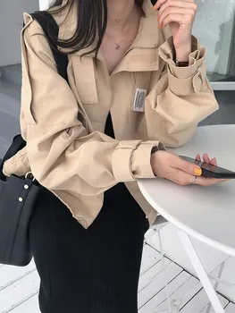 

2020 Spring Autumn Cotton Womens Jacket New Korean Version Short Windbreaker Female Loose Long Sleeve Tooling Jacket