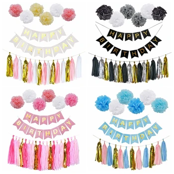 

1Set Happy Birthday Tissue Paper Tassel Garland Multicolor Pompom Flower Banner for Wedding Party Baby Shower Hanging Decoration