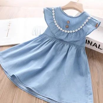 

2020 Summer Girls Lace Flowers Denim Dress Wholesale Children's Clothing