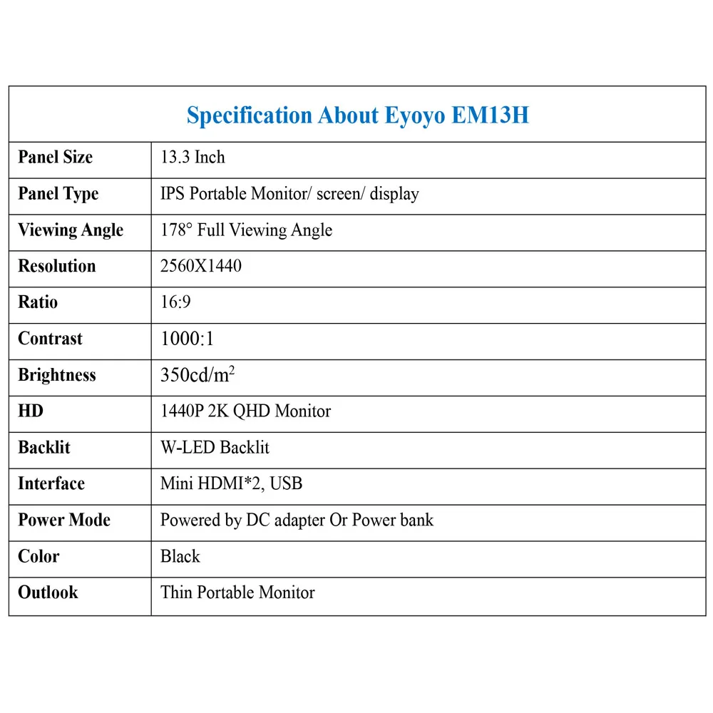  Eyoyo EM13H 13.3” IPS 2K Portable Monitor pc Second LCD Screen 2560x1440 IPS gaming Monitor Display