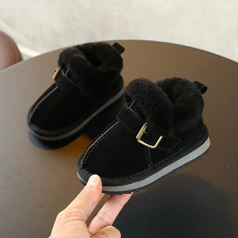 Детские зимние ботинки теплая обувь из натуральной кожи с мягкой подошвой хлопковая обувь для мальчиков и девочек 0-2-3 лет Нескользящая зимняя обувь - Цвет: Черный
