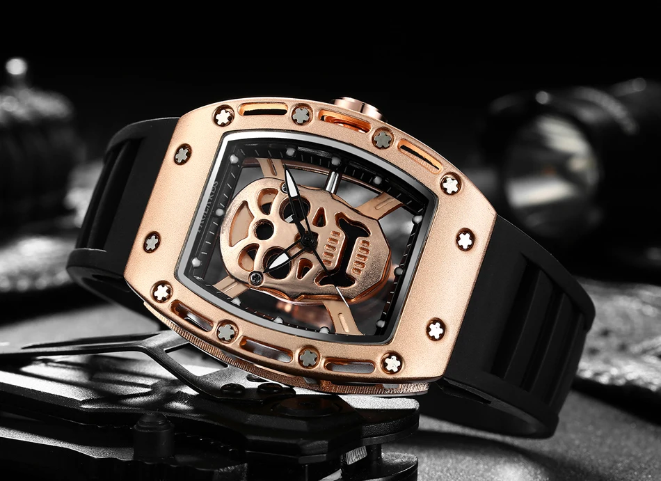 Мужские модные кварцевые часы с силиконовым ремешком, цвета: розовое золото, серебро, черный скелет, череп, прямоугольные прозрачные часы