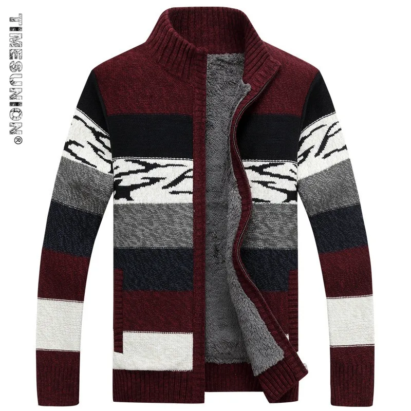 Брендовый свитер кардиган мужской зимний свитер мужской узор полосатый на молнии утепленное флисовое пальто Мужское пальто - Цвет: Красный