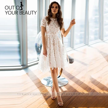 

2020 New Elegant Evening Dress White O-neck Short Sleeve Hollow Crochet Flowers Slim Lace Simple Dress Usually Wearable