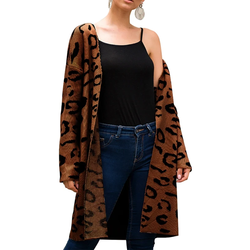 CALOFE New Long Cardigan Sweater Leopard Printed Long Sleeve Knitwear Women Sweater Autumn Sweater Harajuku Sueter Mujer - Цвет: coffe