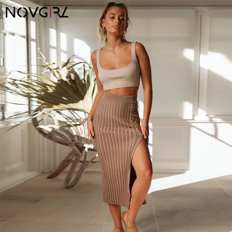 Novgirl сексуальные женские вязаные юбки с разрезом Осень зима 2019 высокая талия