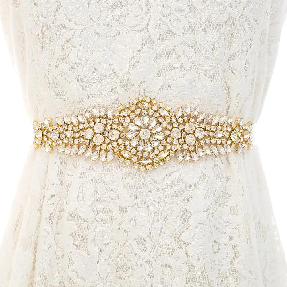 

SESTHFAR Rhinestones Wedding Dress Belt Gold Crystal Bridal Belt Diamond Bridal Sash For Wedding Decoration J137G