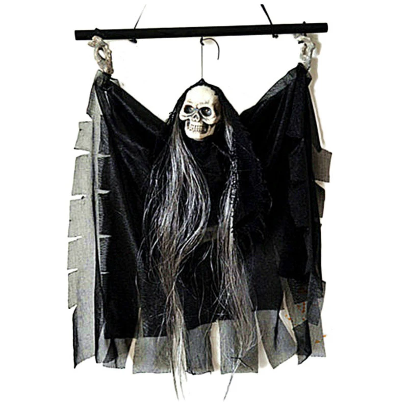 Halloween Props Party Bar KTV Decoration Voice Activated Hanging Skull Skeleton Ghost with Glowing Red Eyes and Sound Effects Bl