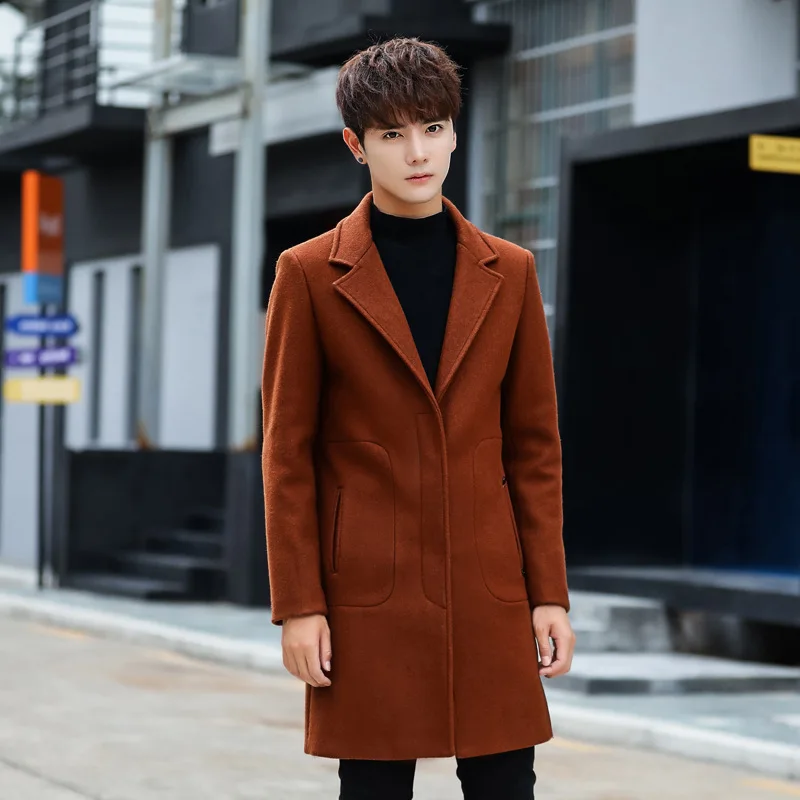 

Korean Men's Long Woolen Coat Man Jacket Black Single Breasted Mens Coats Overcoats Abrigo Hombre Invierno KJ256