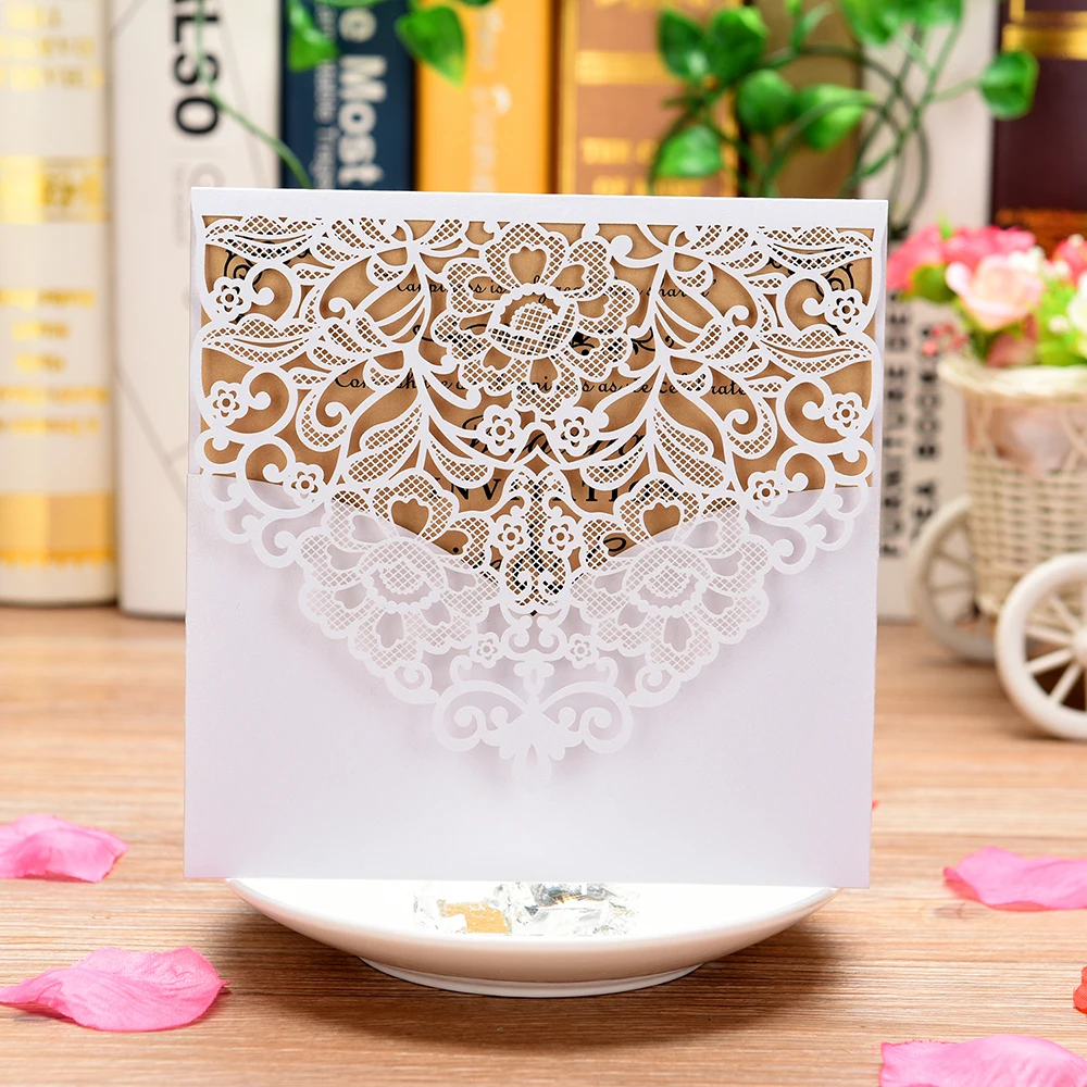  10pcs Floral Pattern Wedding Invitations Cards Pearl Paper Wedding Cards Invitation with Blank Inne - 4.00032E+12