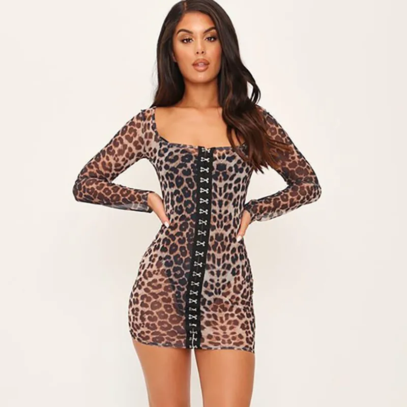

Sexy See-through Womens Leopard Mesh Dress Long Sleeve U-neck Hip Bodycon Mini Dress Ladies Hooks Transparent Sheath Dress
