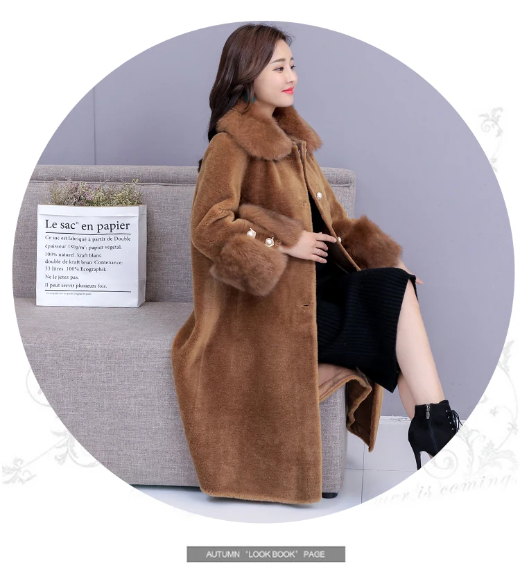 Women winter faux fox fur collar warm artificial sheep fur cashmere fabric medium long coat casacos abrigos plus size MLXLXXL4XL