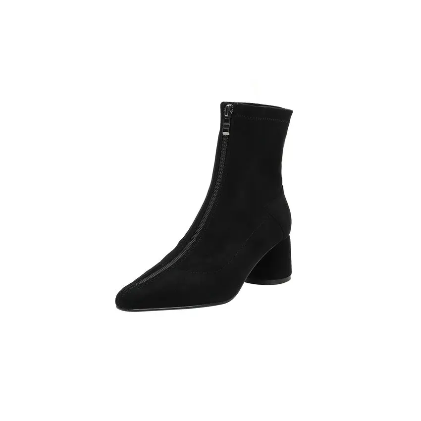 Black-Scrub QUTAA/ г.; эластичные ботильоны из искусственной кожи с острым носком; модная удобная женская обувь на высоком квадратном каблуке с молнией спереди; размеры 34-40 - Цвет: Black-Scrub