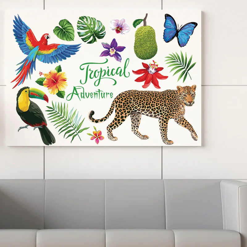 

Leopard Parrot Butterfly Plant Leaf Wall Stickers For Home Decoration Cartoon Safari Mural Art Diy Kids Room Bedroom Wall Decal