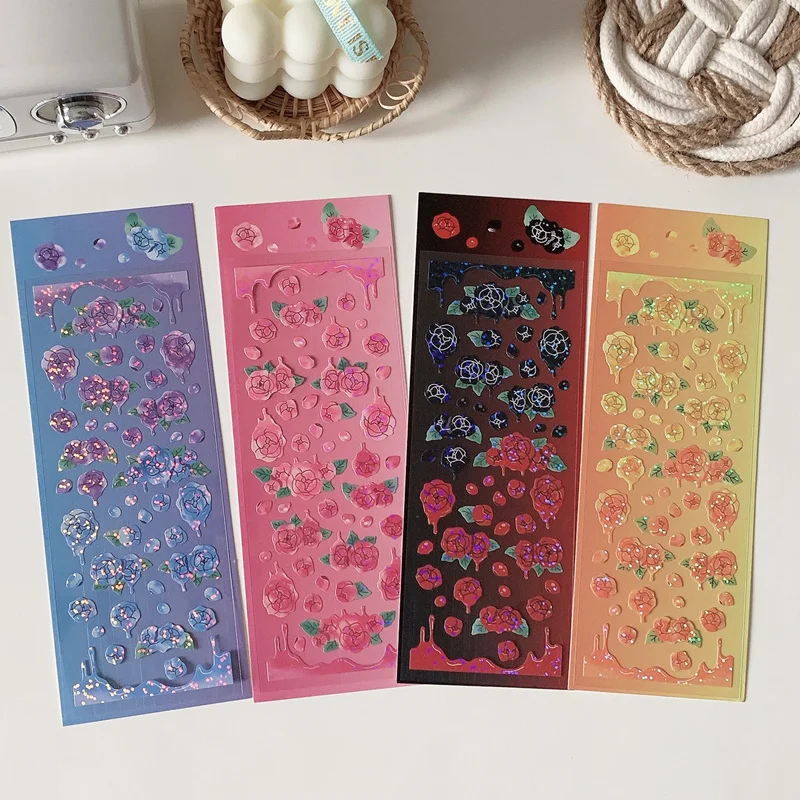 1Pc Ins Gradient Laser Rose Series Decoration Laser Stickers Scrapbooking Hand Account Cute Stationery Sticker School Suppliesr
