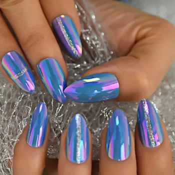 

Chameleon Mirror Blue Stiletto False Nails Silver Glitter Line Amlond Sharp Artificial False Nail Tips Office Home Faux Ongle