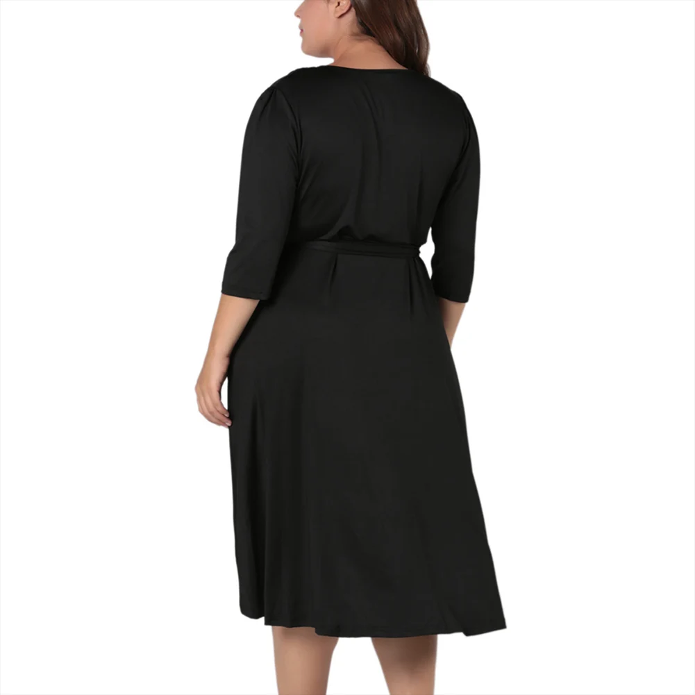 Autumn Plus Size Dress For Women Long Sleeve V Neck Black Basic Slim Dresses With Waist Belt Casual Party Dresses Vestidos