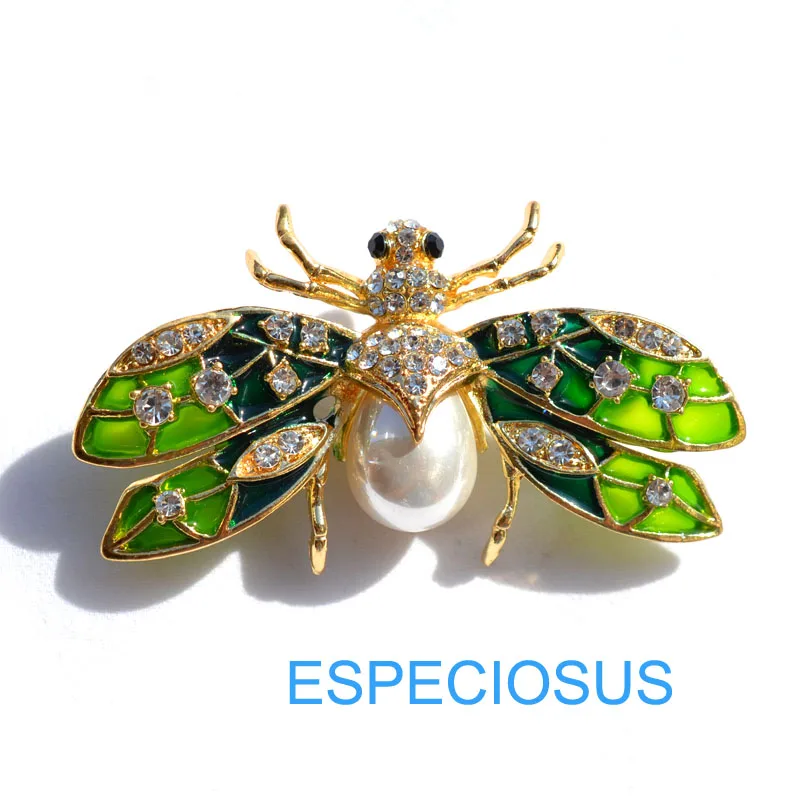 

Fashion Jewelry Gold Color Painted Bee Rhinestone Brooch Lady Ornaments Green Color Pearl Breast pin Accessory Overcoat Garments