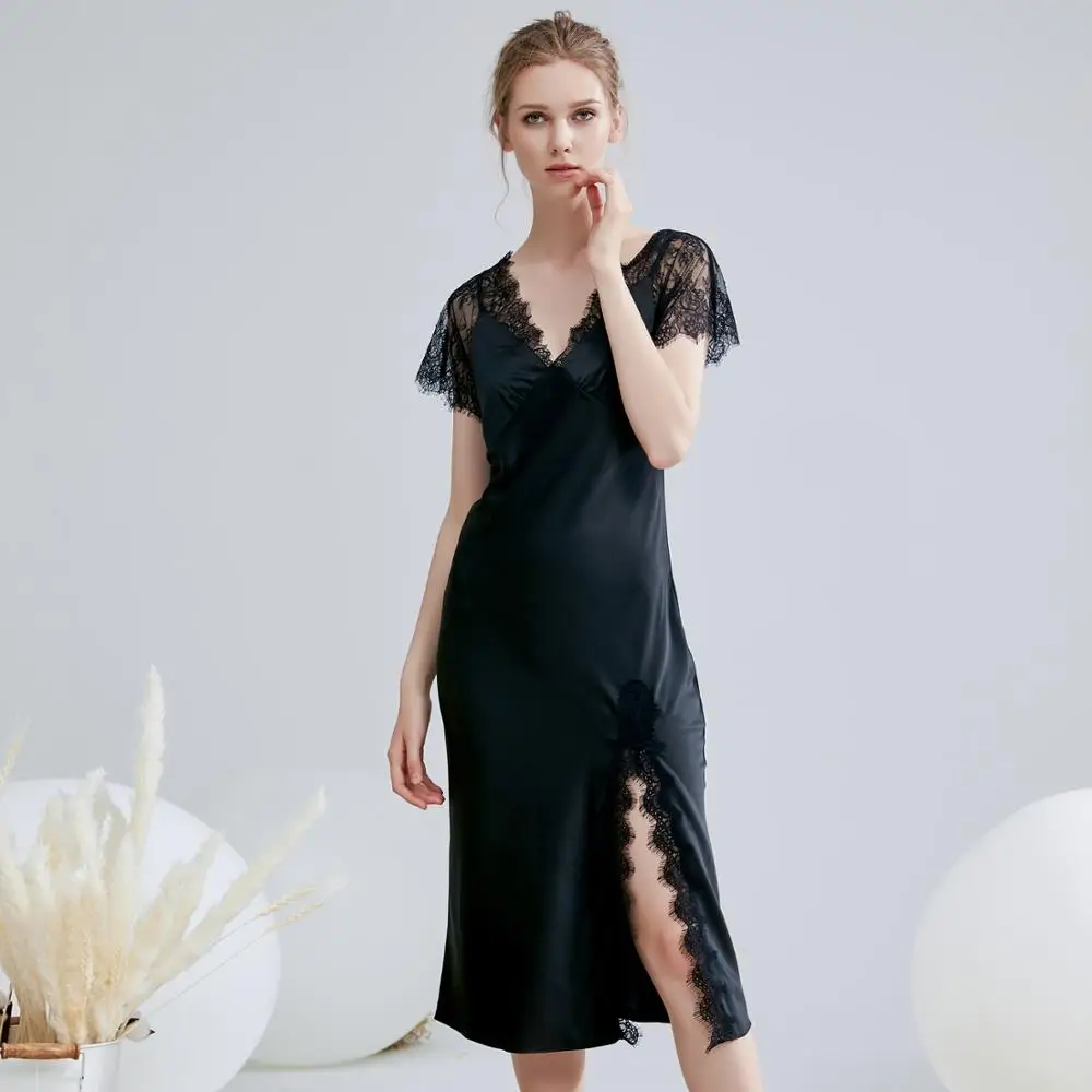 Women Lace Satin Silk Long Dress Deep V Neck Summer Nightdress Sexy Elegant Sleepwear Nightgown Night Skirt