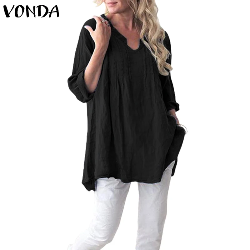 VONDA Винтаж блузка женская осень с длинным рукавом элегантные рубашки Для женщин хлопковые топы женские, повседневные, свободные плюс Размеры Blusas