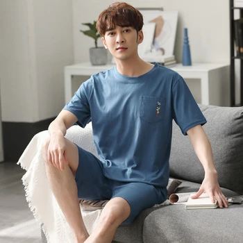 

Pajama Sets For Men Cotton Good Quality Night Sleepwear Summer Short Sleeve Trousers 2 Pcs Loose Comfort Pijama Male Pyjama