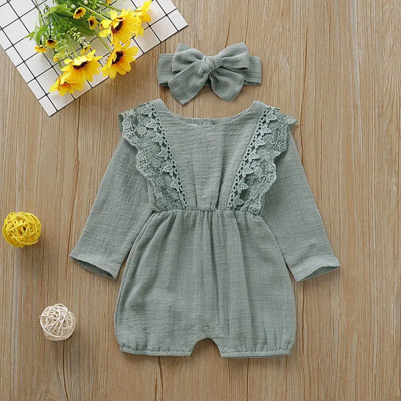

2Pcs/set Autumn Newborn Baby Girls Rompers Set Long Sleeve Lace Design Jumpsuit +Headband Costume Set