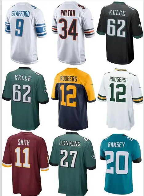 Мужская футболка Jalen Ramsey 20 Malcolm Jenkins 27 Alex Smith 11 Aaron Rodgers 12 Jason Kelce 62 Walter Payton 34 Green Bay