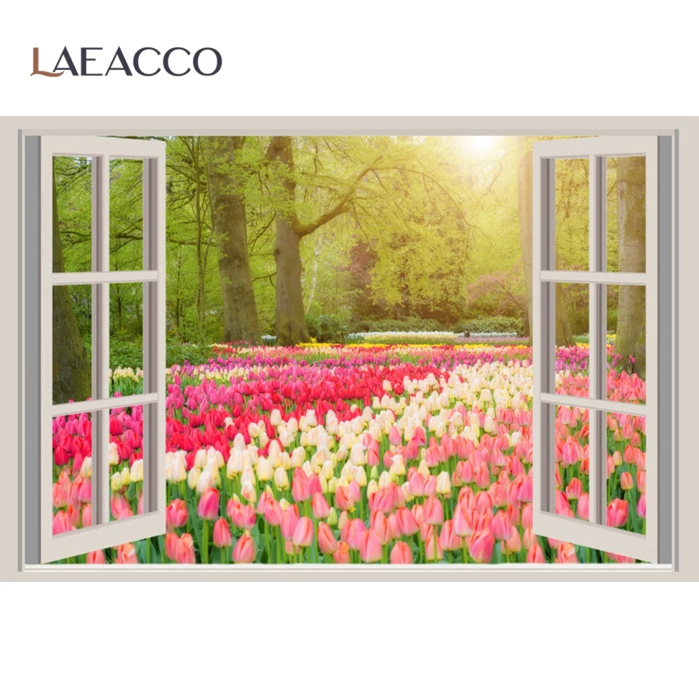 Laeacco весенние цветы окно зеленое дерево фотографии фоны сельская природа