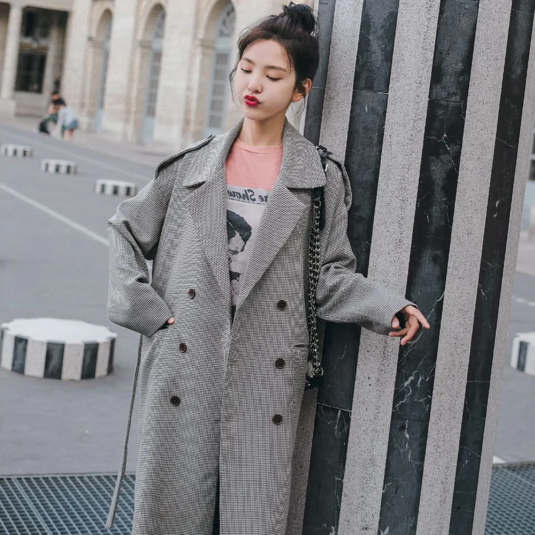 

Photo Shoot Retro Thousands of Birds High Textured Trench Coat Women's Korean-style Ulzzang Double Breasted Suit Collar Waist Hu