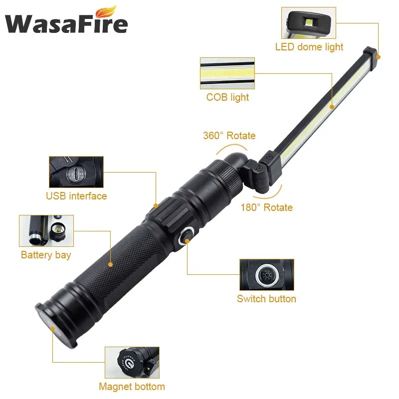Wasafire Складная COB Рабочая лампа водонепроницаемый перезаряжаемый светодиодный