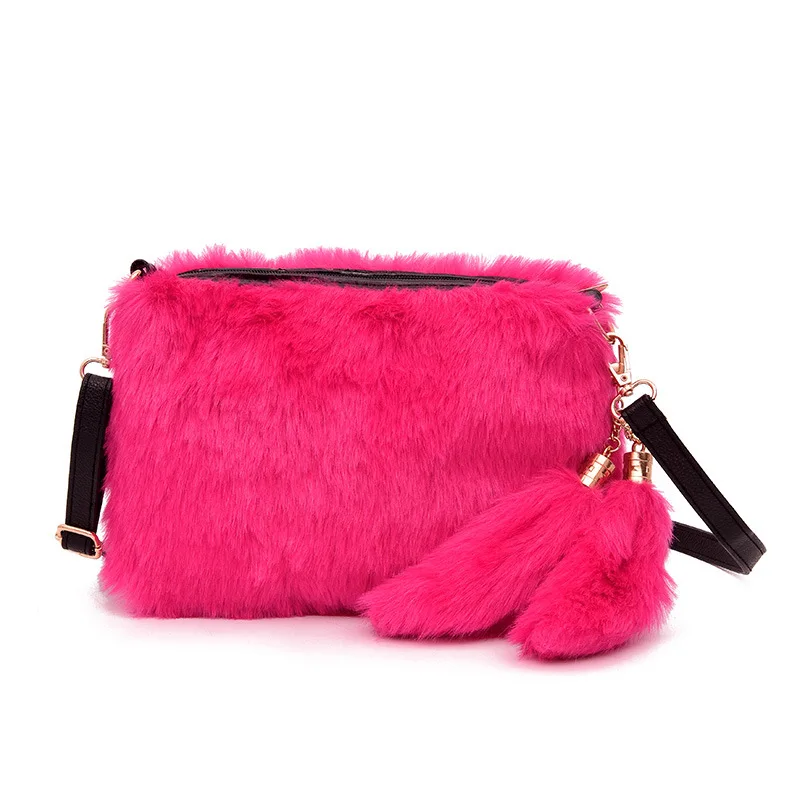 Soft Warm Fur Bag Shoulder Bag Female Leopard Female Bag Large Plush Winter Handbag Winter Messenger Bag Fashion - Цвет: Hot Pink