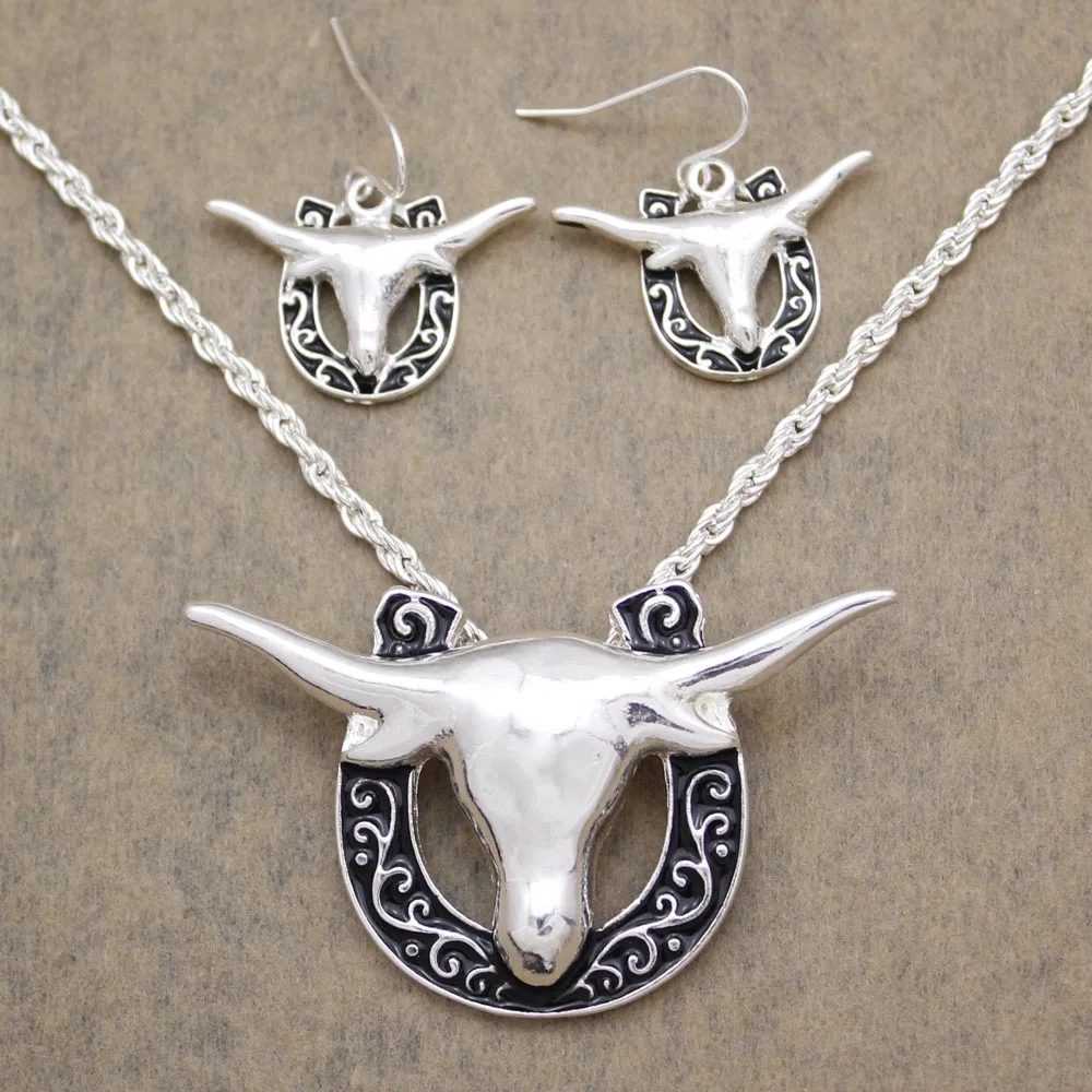 Lady Western Texas Cowgirl Hat Stetson подвеска в виде ботинка Spur Rodeo змея звено цепи Висячие серьги ожерелье набор ювелирных изделий - Окраска металла: Silver Bull Head