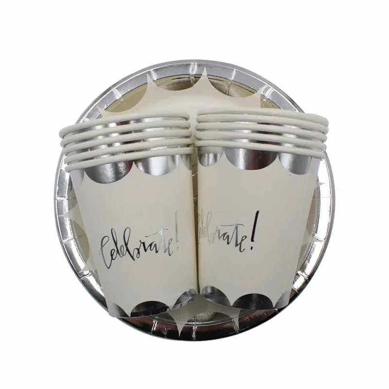 Cups-Plates 20pcs Праздничные вечерние одноразовые посуда бумажные тарелки, чашки, серебристые соломинки для детей, праздничные вечерние принадлежности для взрослых - Цвет: Cups-Plates 20pcs
