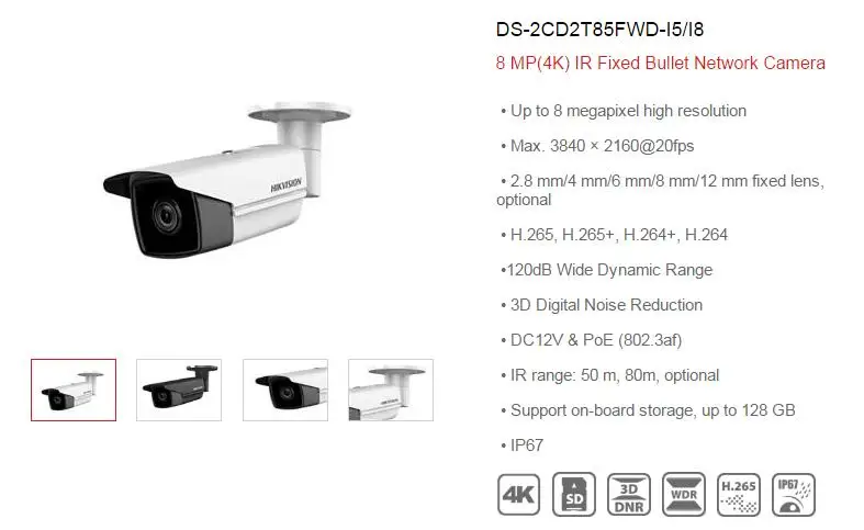 Hikvision Оригинальная английская DS-2CD2T85FWD-I8 DS-2CD2T85FWD-I5 8MP(4 K) ИК фиксированная пуля сетевая камера H.265+ POE IR Range 50 m-80 m