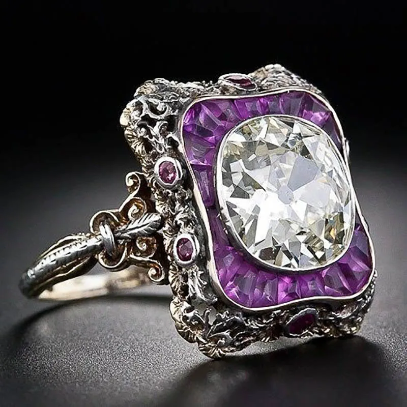 Cellacity Punk style Silver 925 Amethyst Ring For Women Large Round Gemstones Hyperbole Geometry Rings Party Female Gift