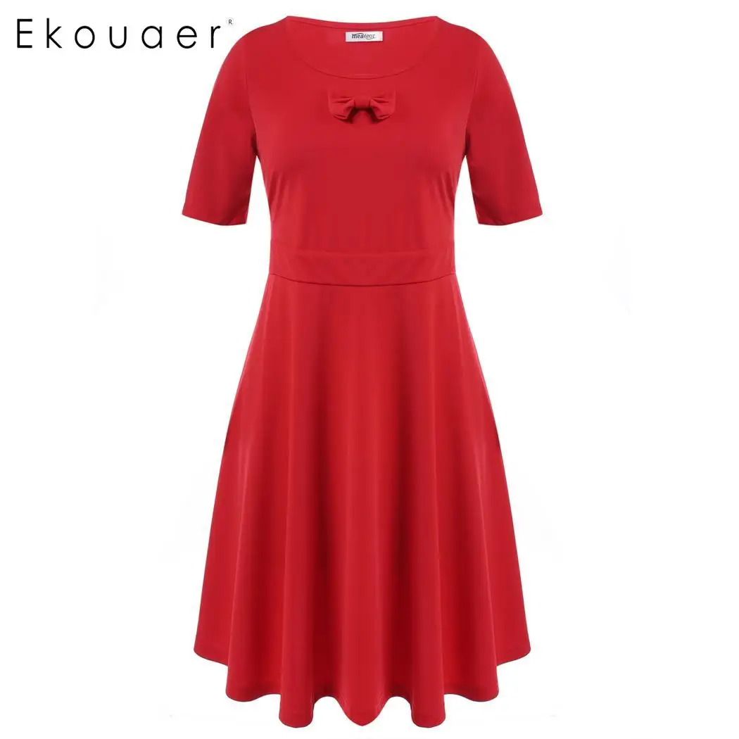 Ekouaer Women Casual Summer Dresses Round Neck Bow Short Sleeve Solid