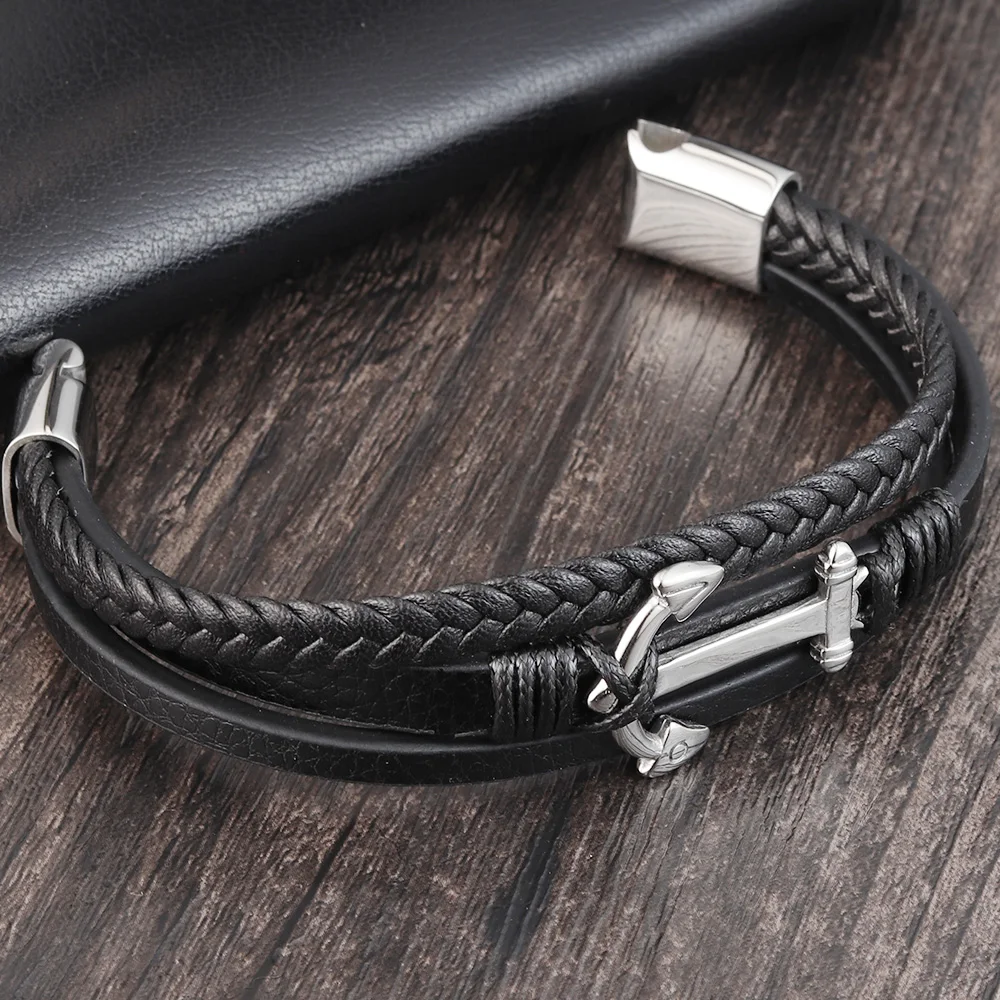 Punk Stainless Steel Anchor Bracelets Genuine Leather Bracelet & Bangles for Men Jewelry Black Color Fashion Gift