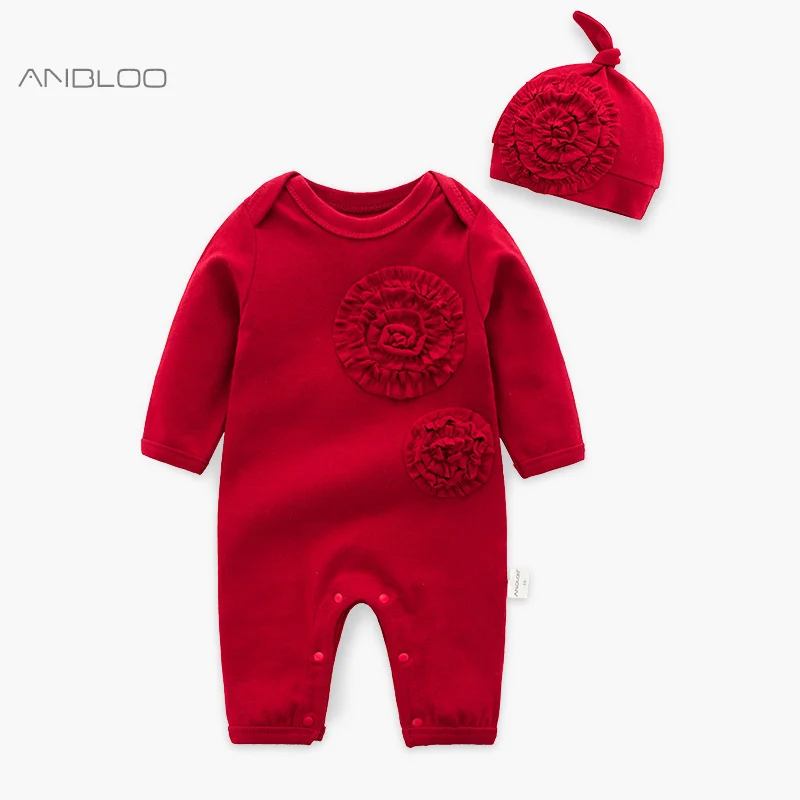 

New Baby Girl Cotton Jumpsuit Romper Overall with Cap Baby Girl Solid Red Coverall Infant Girls All Season Clothes Born 3m 6m 9m