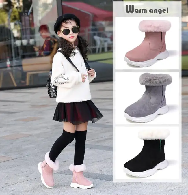 

2019 Winter Kids Fashion snow boots thick Child Genuine Leather shoes warm plush soft girls boots winter ski boot for baby