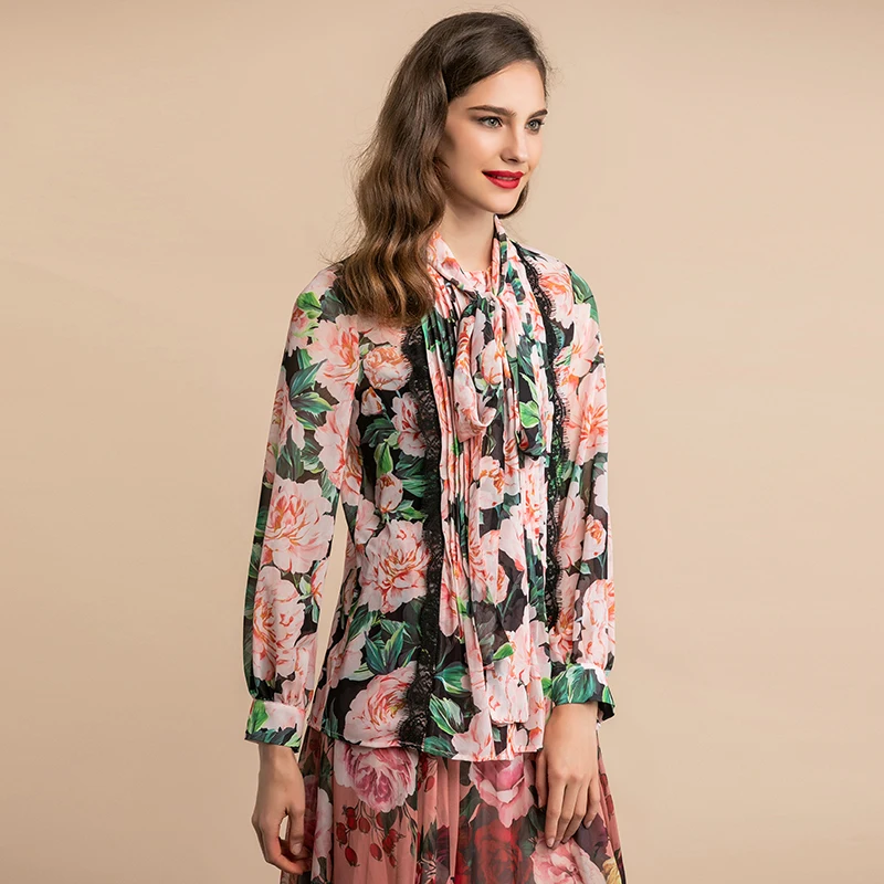 Многоцветный LD LINDA DELLA Autumn Fashion Elegant Blouses Women's Bow Collar Pleated Lace Floral Print Vintage Shirt Holiday Casual Tops - Цвет: Многоцветный