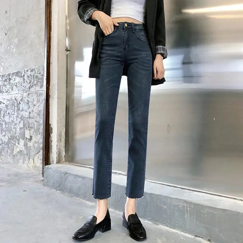 Womens High Waist Denim Pants Ninth Straight Trims Leg Opening Vintage Washed Regular Trousers Jeans Blue Gray Black - Цвет: Коричневый