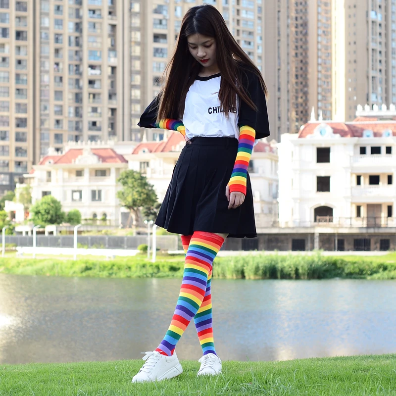 New Colorful Rainbow Stockings Cute Thigh Knee Socks Dance Socks Striped Arm Warmer Gloves Christmas Gifts Women Cosplay Costume