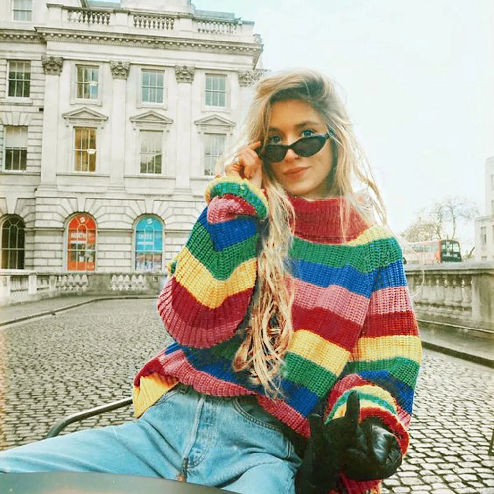 Женский Радужный свитер модный Многоцветный Полосатый Топ женский зимний длинный рукав водолазка вязаный свитер Блузка пуловер