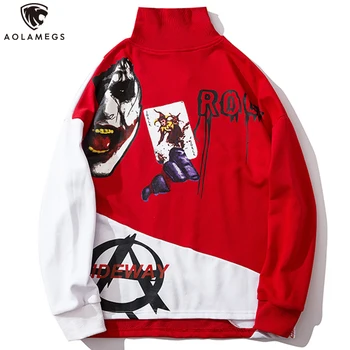 

Aolamegs Sweatshirt Men Patchwork Letter Print Tops Turtleneck Pullover Hit Color Oversize Baggy Hip Hop Style Couple Streetwear