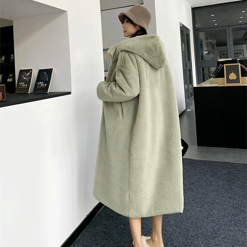 Зимнее женское пальто с капюшоном из искусственного меха норки, Женская Толстая теплая куртка из искусственного меха, женское длинное плюшевое пальто, женские одноцветные пальто WJ423