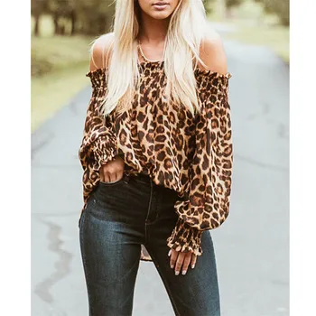 

Fashion Ladies Printed Leopard Long Sleeve Slash Neck Off Shoulder Blouses Shirt Short Top